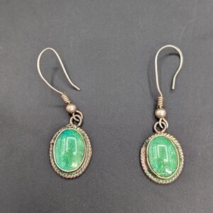 Vintage Sterling Silver Green Turquoise Dangle Earrings Rope Border Southwest